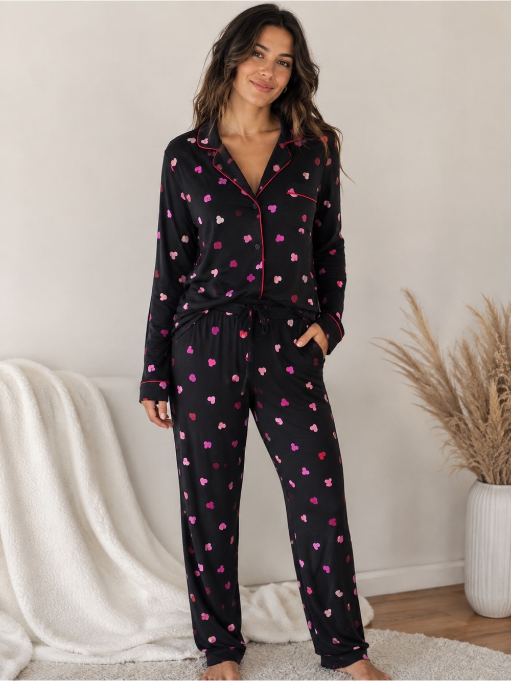 Victoria's Secret Black Pink Heart Pajama Set Long Sleeve Button Up XL